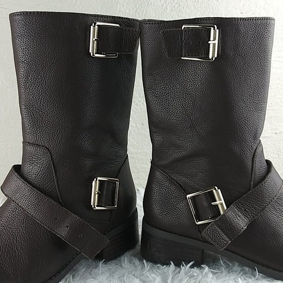 𝅺Sole Society Wylann Brown Leather Almond Toe Block Heel Mid Calf Harness Boot - Picture 13 of 16